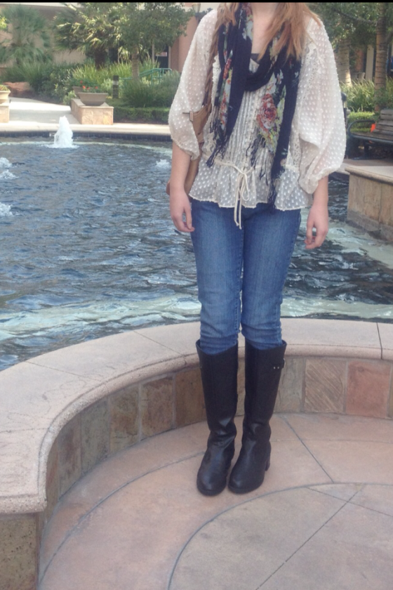 Shirt - Urban Outfitters, jeans - Wet Seal, scarf - Target, boots - Macy's, purse - Ross