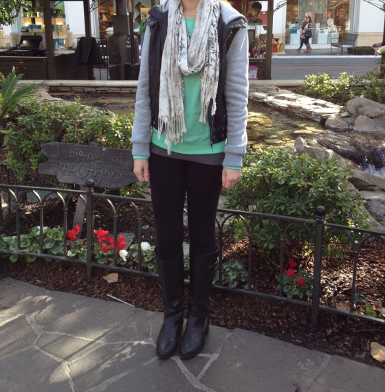 Jacket - Tilly's, mint sweatshirt - Whole Foods, gray cami - JC Penney, scarf - Romi, leggings - Forever21, boots - Macy's